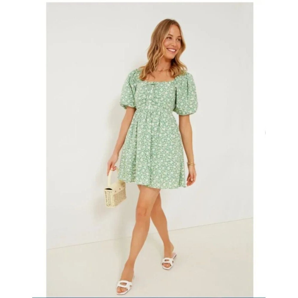 NWT Tuckernut Hyacinth House Emmaline Dress M Green Floral Puff Square Neck NEW